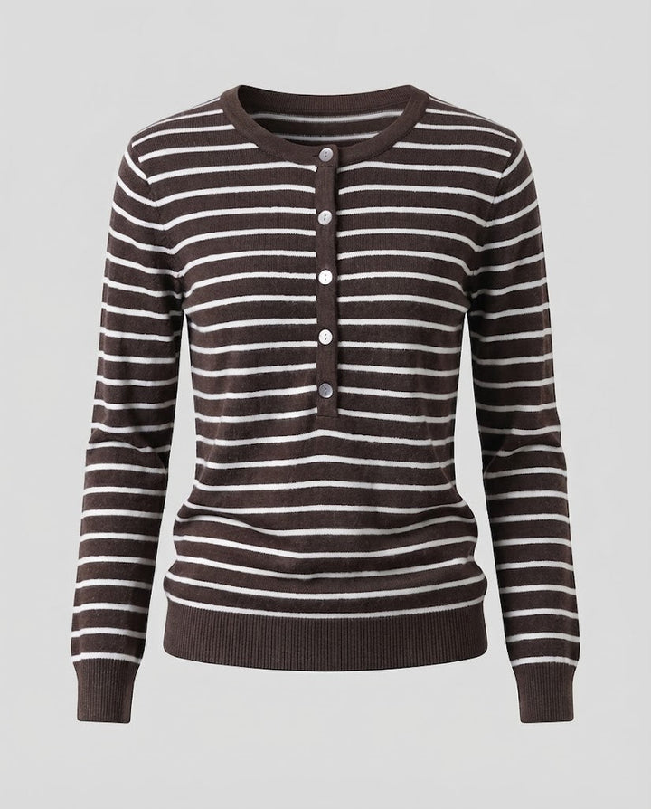 Women's Striped Henley Fine Knit Sweater with Button Placket Mune Fashion