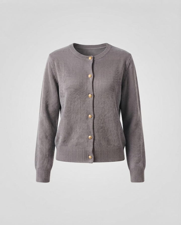 Women's Boxy Button Cardigan made of fine knit with gold shimmering decorative buttons and ribbed finishes Mune Fashion