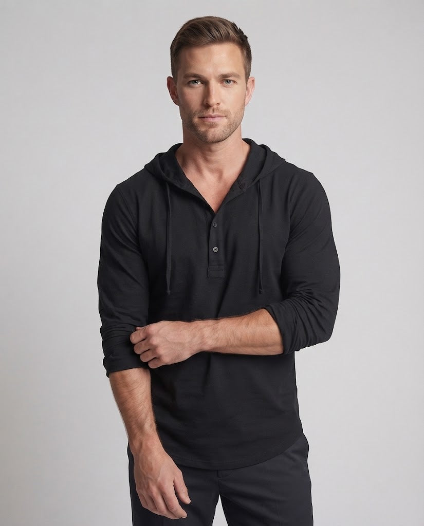 Men's Lightweight Hooded Henley Shirt with Half Placket and Drawstring Mune Fashion