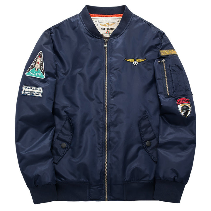 Men's  pilot-inspired patch-detail nylon flight jacket with sleeve zip pocket Mune Fashion