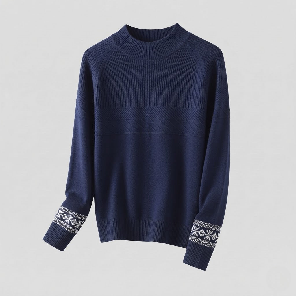 Women's fine-knit pullover with a short stand-up collar, structured yoke and Norwegian motif at the sleeve hem Mune Fashion