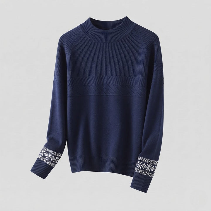 Women's fine-knit pullover with a short stand-up collar, structured yoke and Norwegian motif at the sleeve hem Mune Fashion