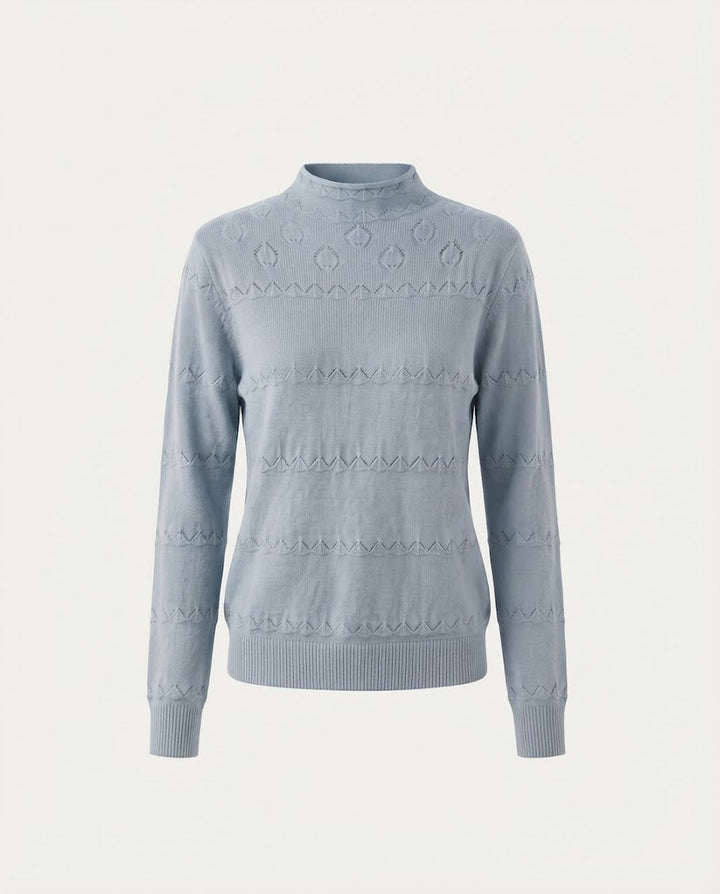 Ladies fine knit pullover with subtle lace stripe and short stand-up collar Mune Fashion