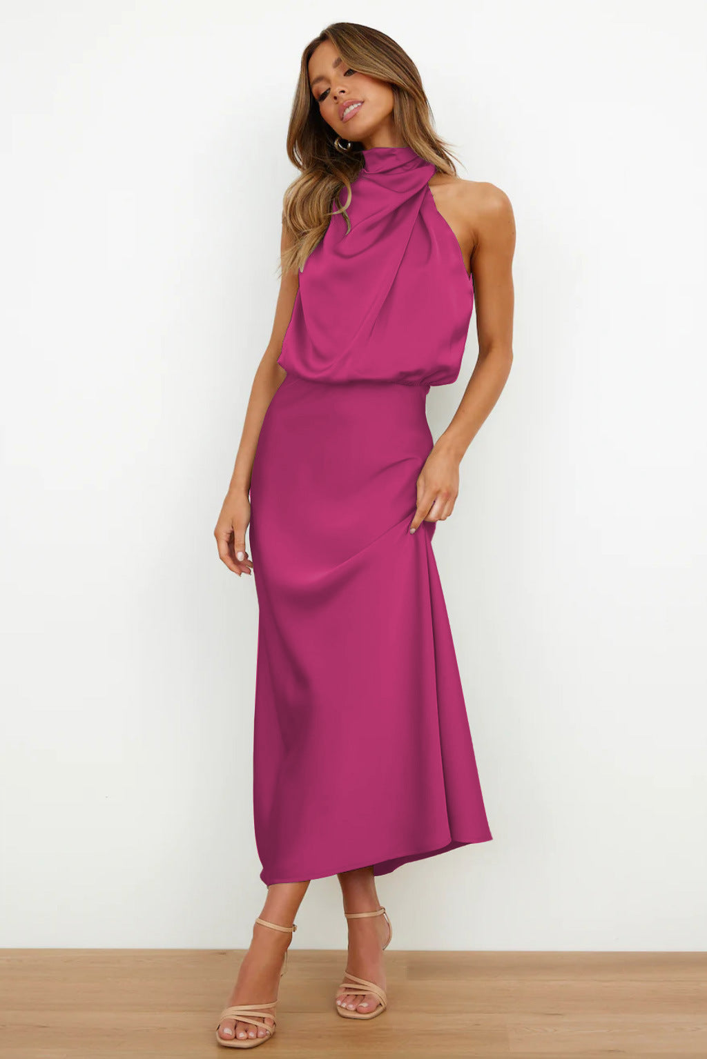 Long satin dress with halter neck