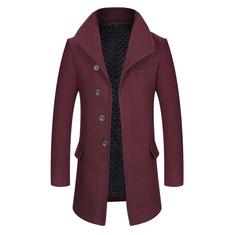 Men's Modern Wool Blend Chesterfield Coat with Quilted Thermal Lining and Raised Stand-Up Collar Mune Fashion
