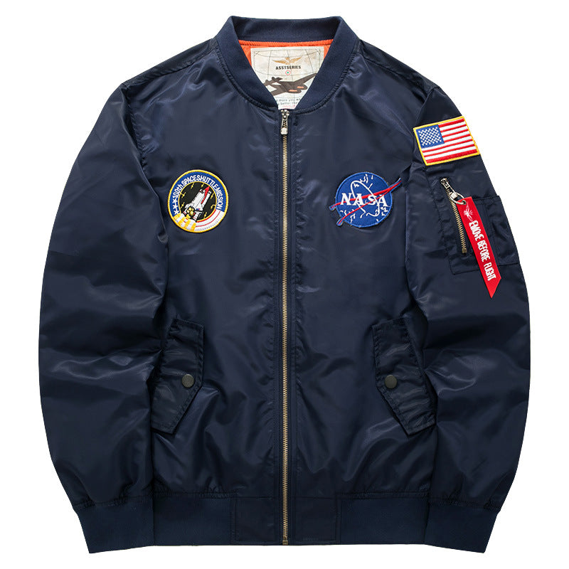 Men's  mission-patch zip-up pilot jacket with sleeve utility pocket Mune Fashion