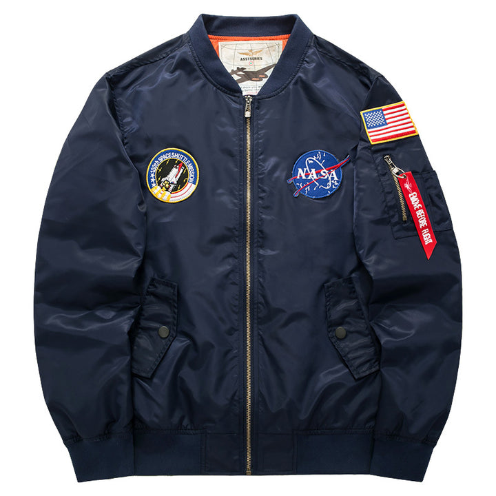 Men's  mission-patch zip-up pilot jacket with sleeve utility pocket Mune Fashion