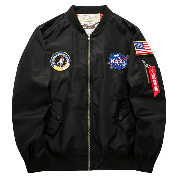 Men's  pilot-style nylon flight bomber jacket with embroidered aerospace patches and sleeve zip utility pocket Mune Fashion