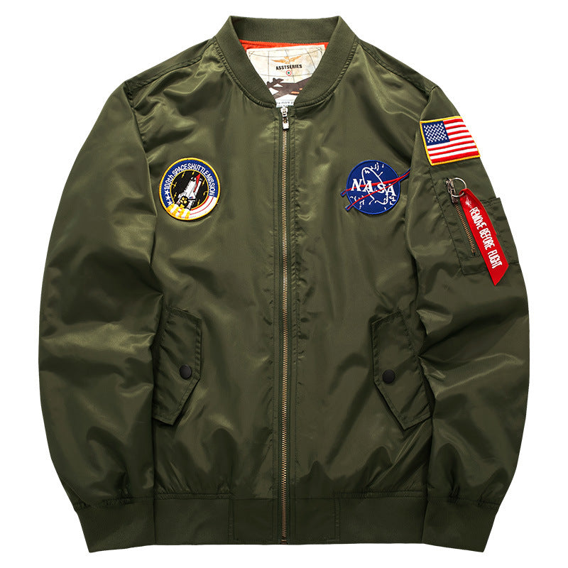 Men's  mission-patch zip-up pilot jacket with sleeve utility pocket Mune Fashion