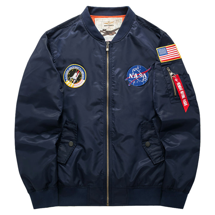 Men's  pilot-style nylon flight bomber jacket with embroidered aerospace patches and sleeve zip utility pocket Mune Fashion