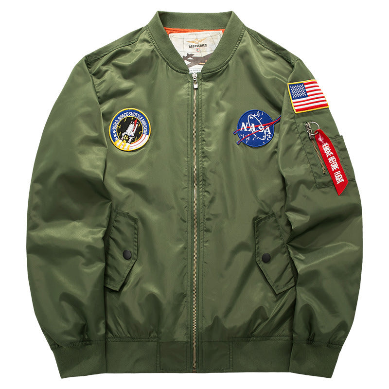 Men's  mission-patch zip-up pilot jacket with sleeve utility pocket Mune Fashion