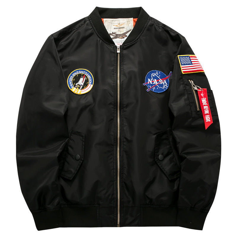 Men's  mission-patch zip-up pilot jacket with sleeve utility pocket Mune Fashion