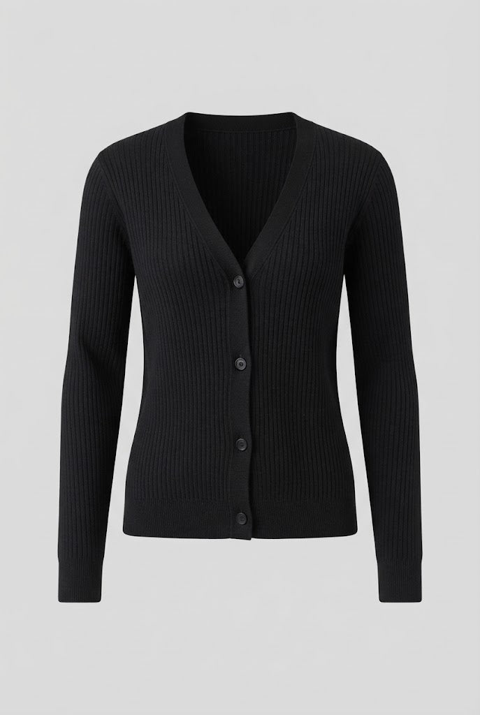 Women's lightweight ribbed knit cardigan with V-neck, fine textured relief and button placket Mune Fashion
