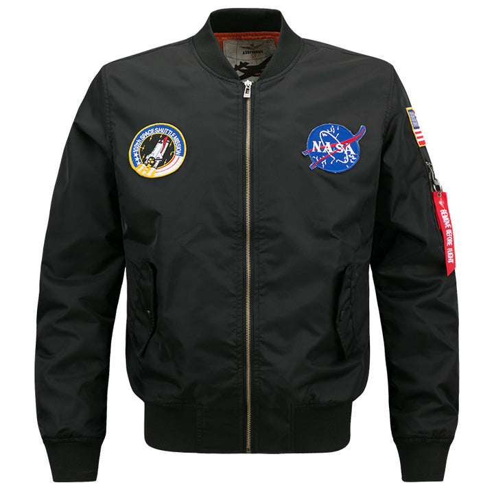 Men's  slim-fit flight bomber with embroidered mission patches angled snap-flap pockets and zip sleeve utility pocket Mune Fashion