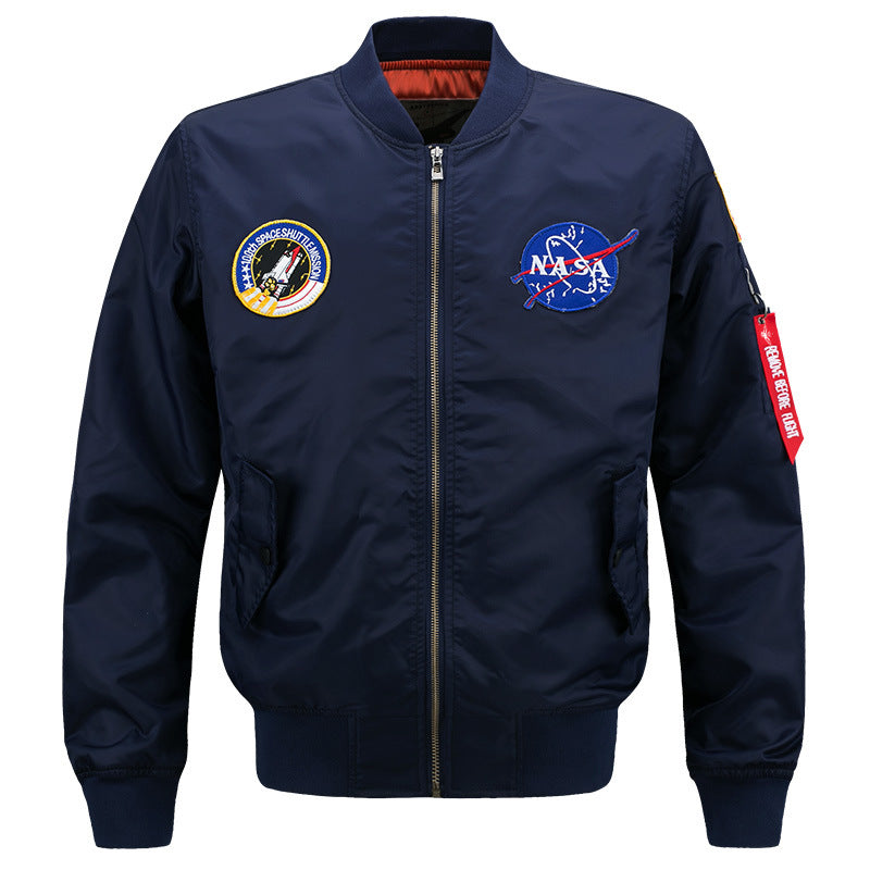 Men's  slim-fit flight bomber with embroidered mission patches angled snap-flap pockets and zip sleeve utility pocket Mune Fashion