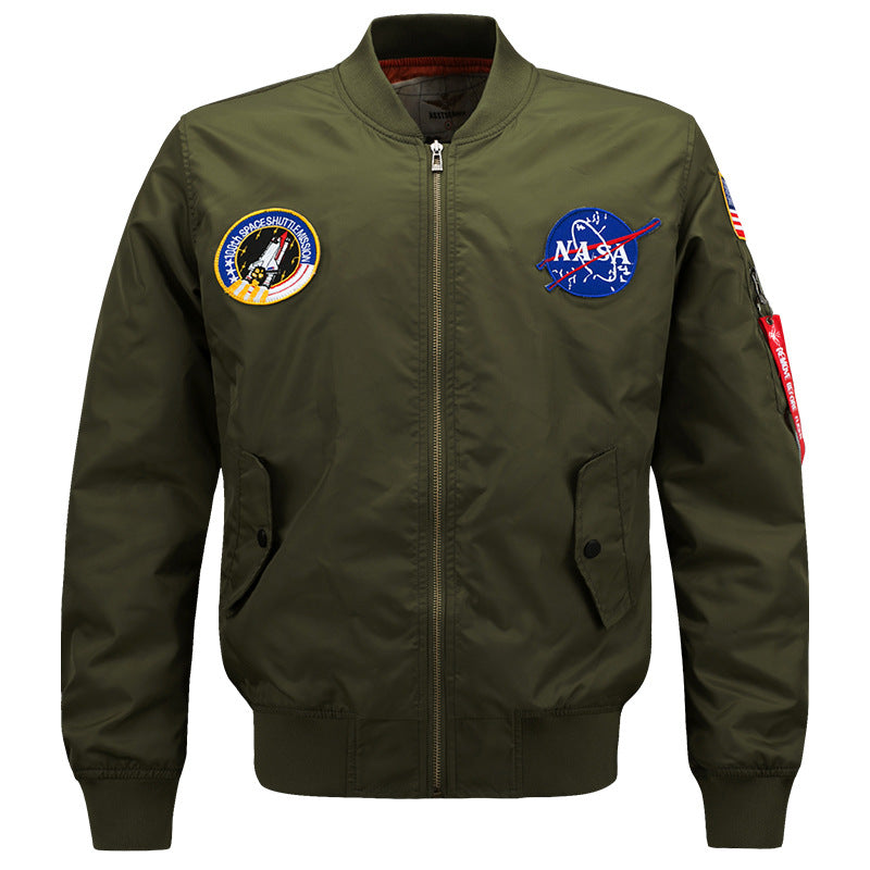 Men's  slim-fit flight bomber with embroidered mission patches angled snap-flap pockets and zip sleeve utility pocket Mune Fashion
