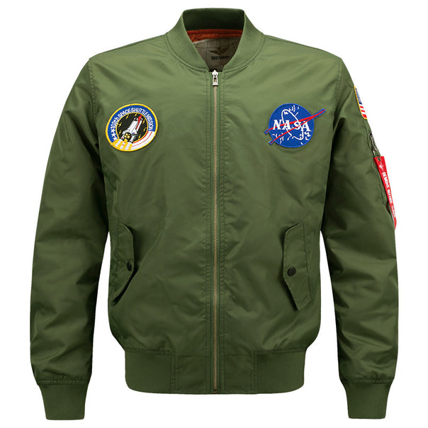 Men's  slim-fit flight bomber with embroidered mission patches angled snap-flap pockets and zip sleeve utility pocket Mune Fashion