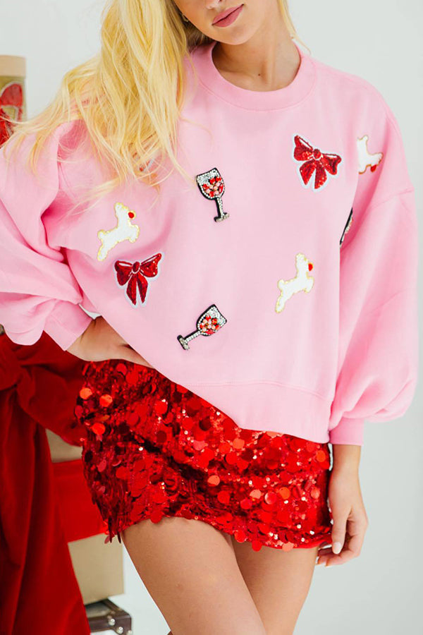 Mune | Christmas Bow Wine Glass Sequins Loose Long Sleeve Sweatshirt