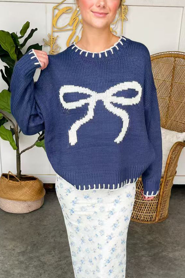 Mune | Christmas Bow Contrast Color Included Edge Long Sleeve Knitted Sweater
