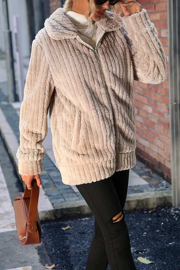 Mune | Collar Zipper Long Sleeve Solid Mid-Length Reversible Plush Jacket