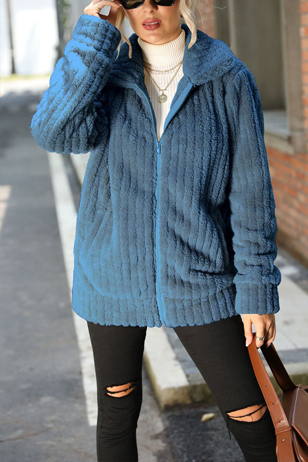 Mune | Collar Zipper Long Sleeve Solid Mid-Length Reversible Plush Jacket