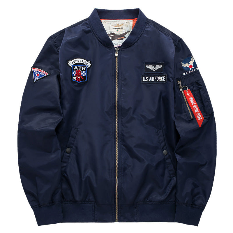 Men's  vintage aviation patch satin-lined bomber jacket with sleeve zipper utility pocket Mune Fashion