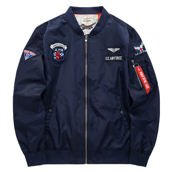 Men's  vintage aviation patch satin-lined bomber jacket with sleeve zipper utility pocket Mune Fashion