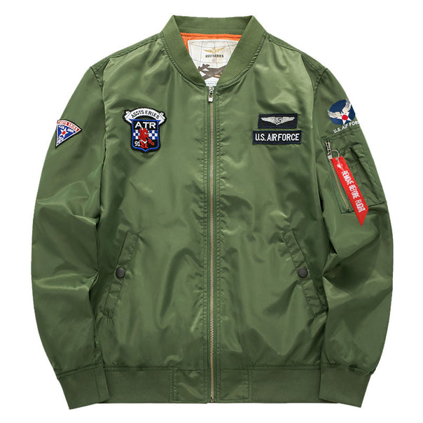 Men's  vintage aviation patch satin-lined bomber jacket with sleeve zipper utility pocket Mune Fashion