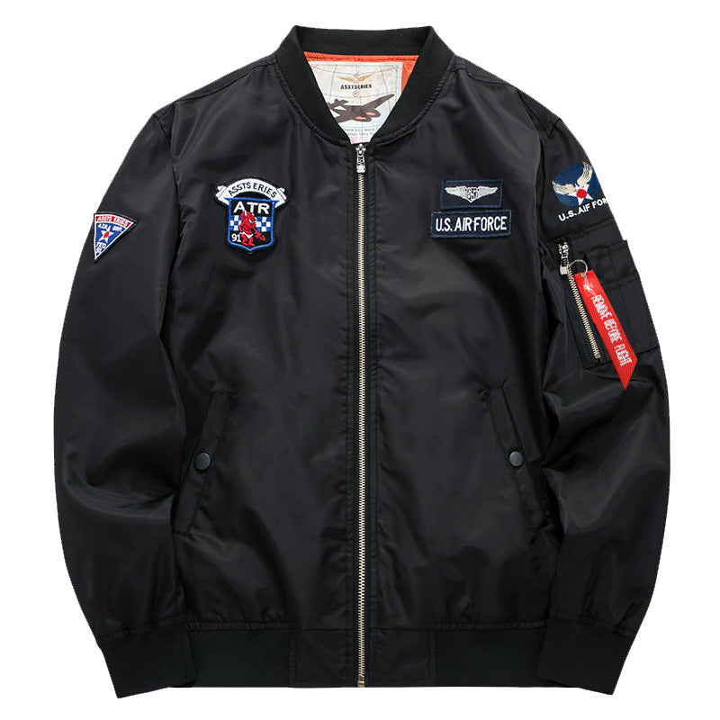 Men's  vintage aviation patch satin-lined bomber jacket with sleeve zipper utility pocket Mune Fashion