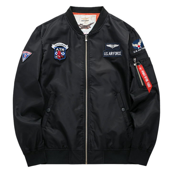 Men's  vintage aviation patch satin-lined bomber jacket with sleeve zipper utility pocket Mune Fashion