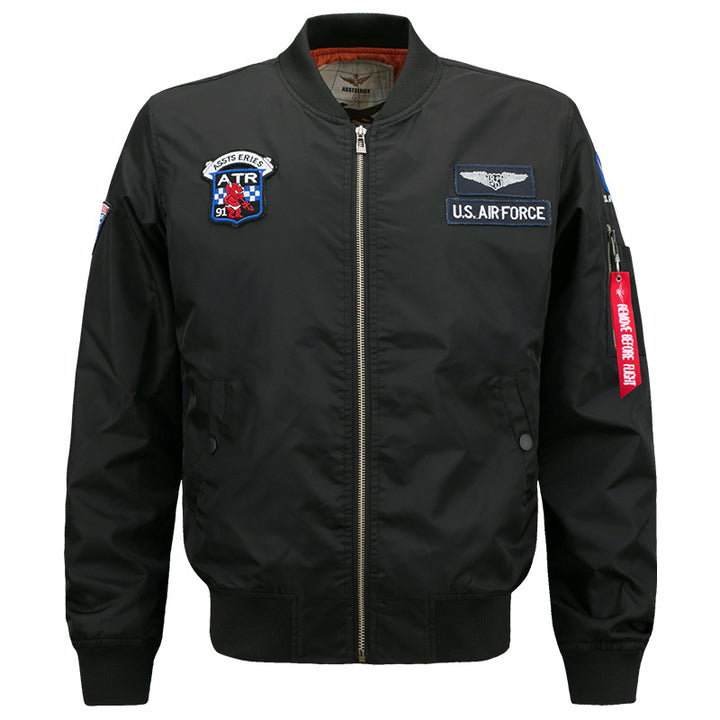 Men's  vintage aviator zip bomber jacket with embroidered squadron badges and tool-ring sleeve pocket Mune Fashion