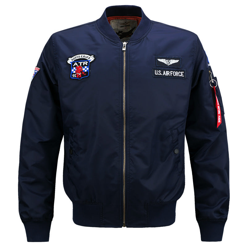 Men's  vintage aviator zip bomber jacket with embroidered squadron badges and tool-ring sleeve pocket Mune Fashion