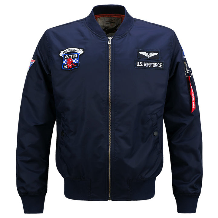 Men's  vintage aviator zip bomber jacket with embroidered squadron badges and tool-ring sleeve pocket Mune Fashion