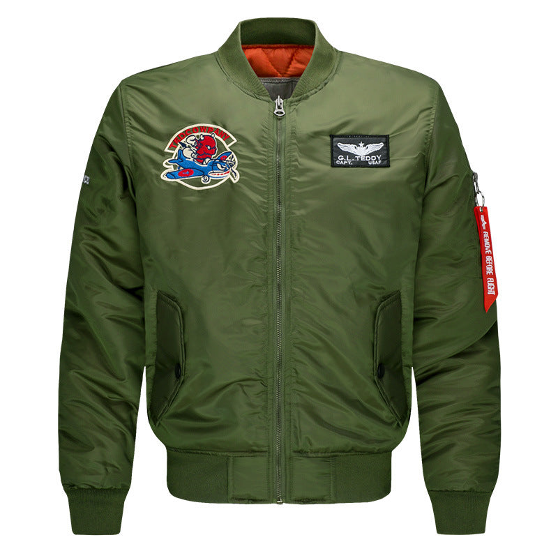 Men's  low-profile flight bomber with embroidered crests sleeve zipper utility pocket and insulated orange lining Mune Fashion