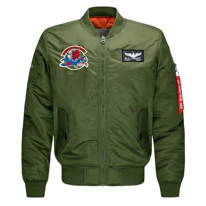 Men's  low-profile flight bomber with embroidered crests sleeve zipper utility pocket and insulated orange lining Mune Fashion