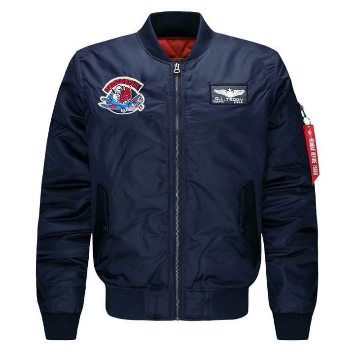 Men's  low-profile flight bomber with embroidered crests sleeve zipper utility pocket and insulated orange lining Mune Fashion