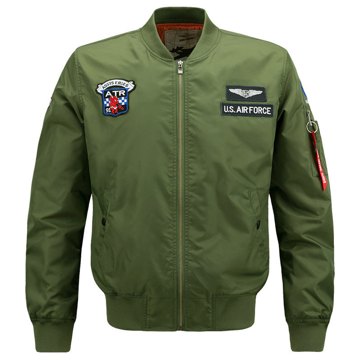 Men's  vintage aviator zip bomber jacket with embroidered squadron badges and tool-ring sleeve pocket Mune Fashion