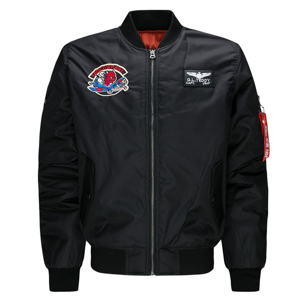 Men's  low-profile flight bomber with embroidered crests sleeve zipper utility pocket and insulated orange lining Mune Fashion