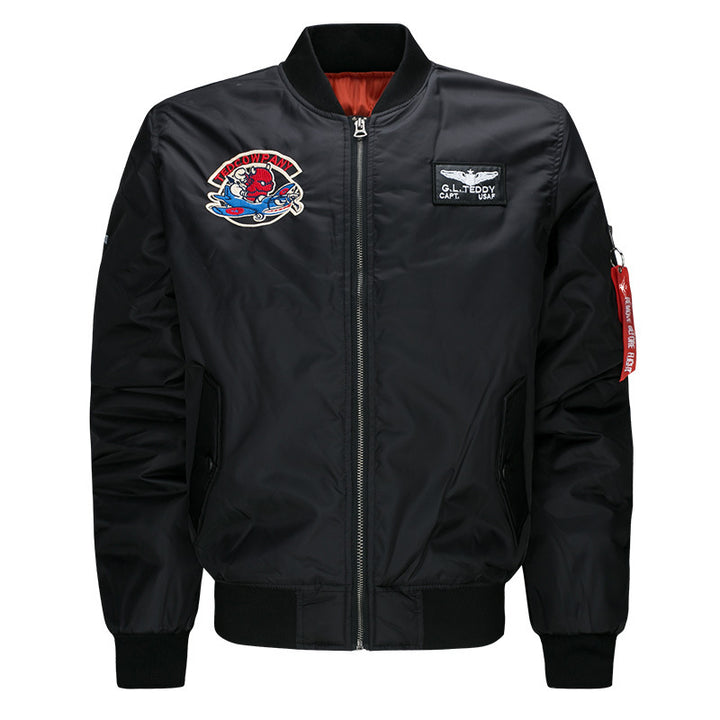 Men's  low-profile flight bomber with embroidered crests sleeve zipper utility pocket and insulated orange lining Mune Fashion