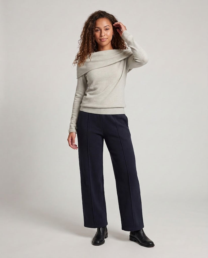 Women's fine knit pullover with off-the-shoulder Carmen collar and tailored fit Mune Fashion