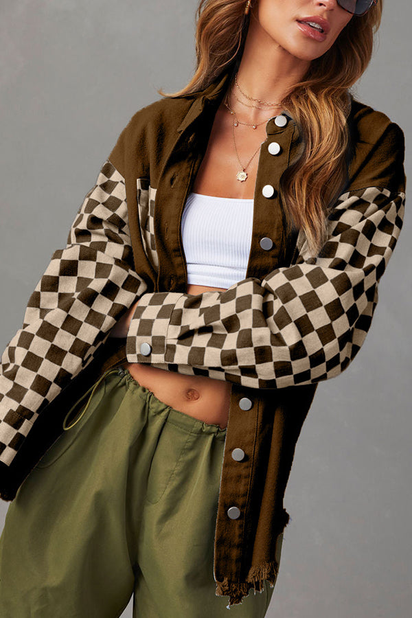 Mune | Loose Casual Checked Contrasting Raw Edge Denim Jacket