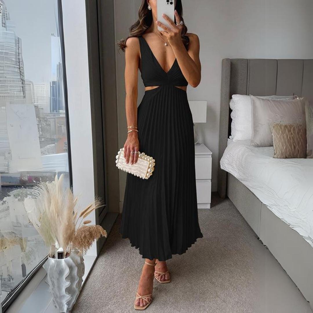 Mune Fashion | Midi Dress Sleeveless V-Neck Twist Front & Cut Out Detail Pleated Skirt