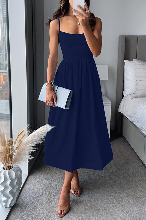 Midi dress in A-line with spaghetti straps and waist