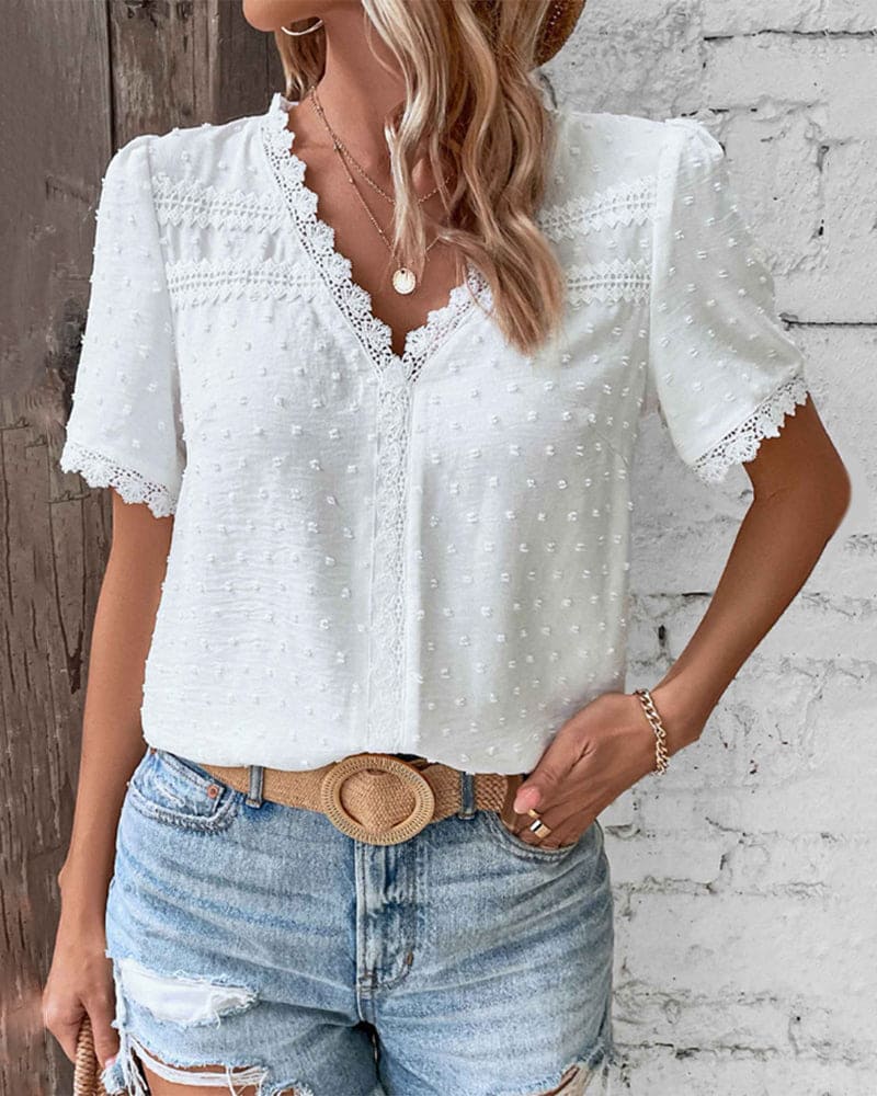 Ladies short-sleeve blouse with V neck and ruffled sleeves