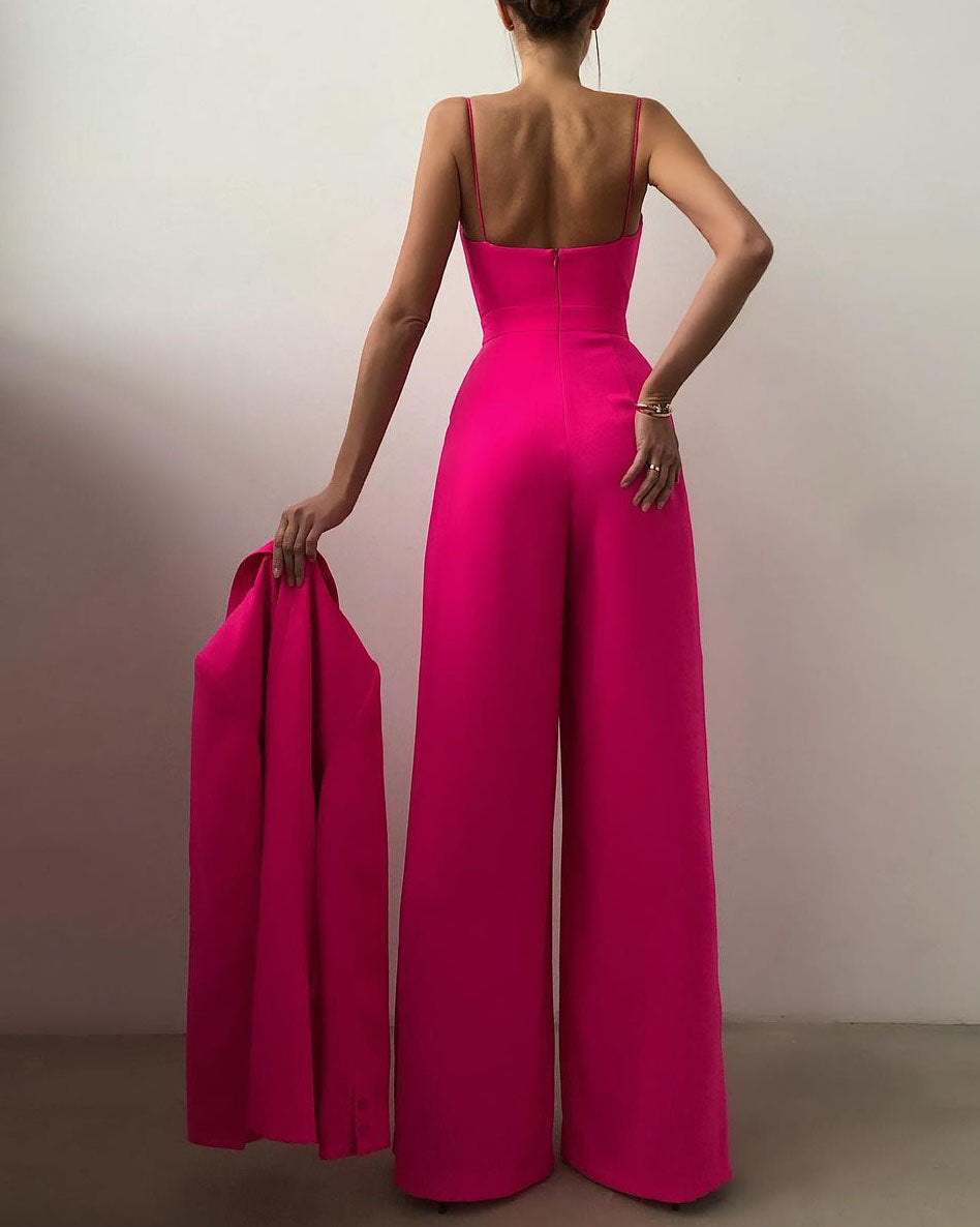 Jumpsuit with straight leg and high waist and spaghetti straps