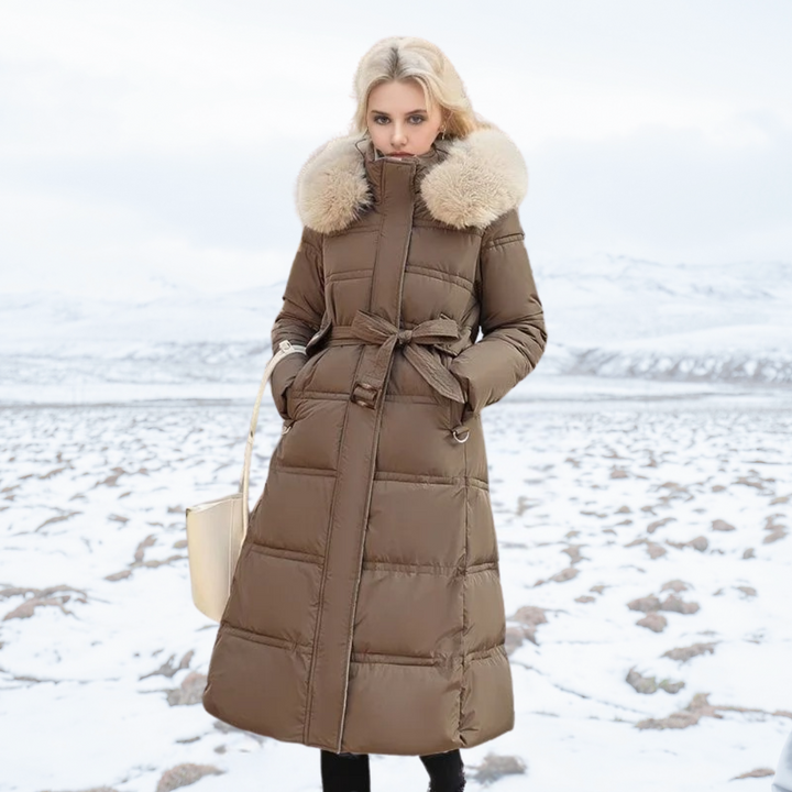 Mune | Long Winter Jacket Puffer Design Faux Fur Hood Tailored Belt Warm and Insulating
