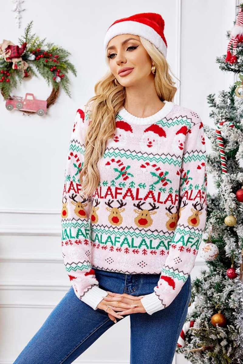 Mune | Loose Fit Round Neck Christmas Cartoon Knit Sweater - Pink