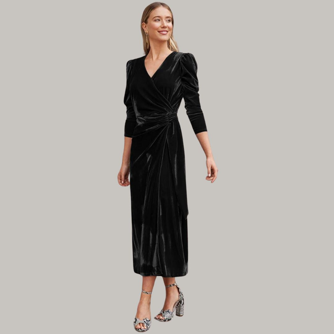 Mune | Long Midi Dress Wrap-Type of Velours with Puff Sleeves