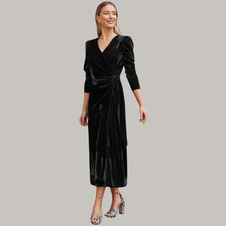 Mune | Long Midi Dress Wrap-Type of Velours with Puff Sleeves