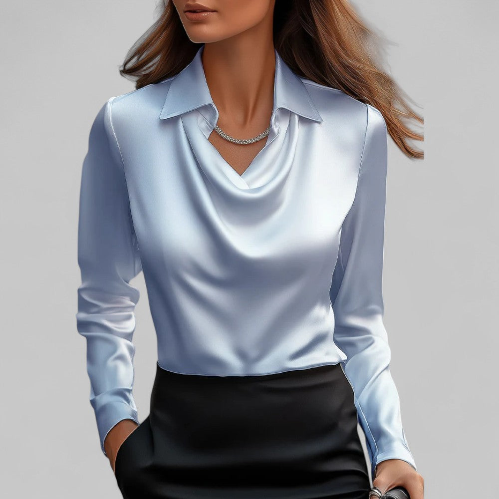 Women’s Draped Neck Long Sleeve Satin Blouses